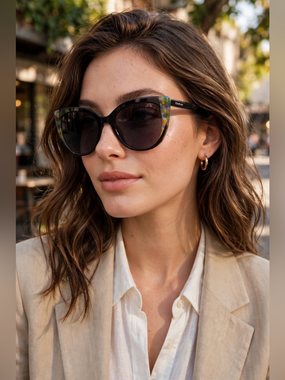 Bebe Black Cat-Eye Sunglasses with Tortoiseshell  Greenish Accents